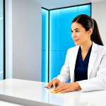 **Prompt:** A skincare counselor in a brightly lit, modern consultation room, fully clothed in professional attire, advising a client on skincare. Focus on their interaction and the display of skincare products. Safe for work, appropriate content, professional setting, perfect anatomy, natural pose, well-formed hands, proper finger count, modest clothing.