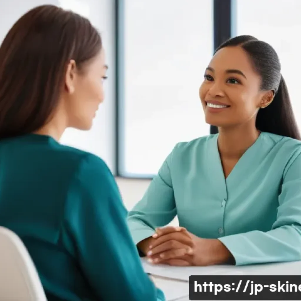 스킨케어 전문가를 위한 자기계발 도서 - **Prompt:** A female skincare aesthetician, dressed in a professional, modest uniform with a long-sl...